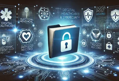 Illustration einer digitalen Patientenakte mit einem leuchtenden Schloss als Sicherheitssymbol. Im Hintergrund sind Datenströme, Schild-Icons und eine moderne, blaue High-Tech-Oberfläche zu sehen. Das Bild vermittelt die Themen Cybersecurity, Datenschutz und Vertrauen in die Digitalisierung im Gesundheitswesen.