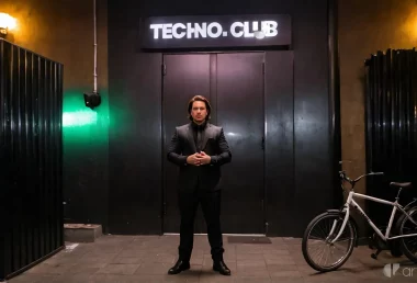 Hendrik im schwarzen Anzug als Türsteher vor dem Eingang eines Techno Club.